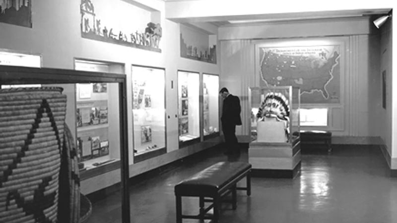 Black and white photograph circa 1940 showing original gallery displays at the Interior Museum