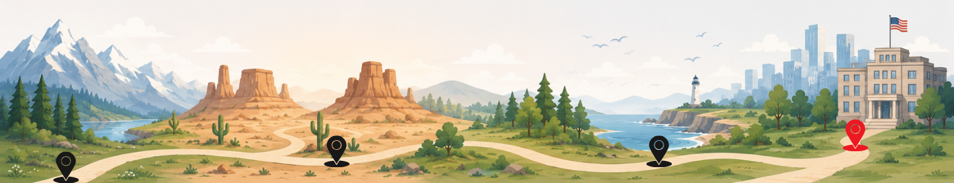 Illustrated onboarding journey through mountains, desert, forests, and coastal landscapes toward a government building, with black pins marking the completed first three phases and a red pin marking the current fourth phase.