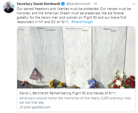 Sec Bernhardt Tweet on 9/11 