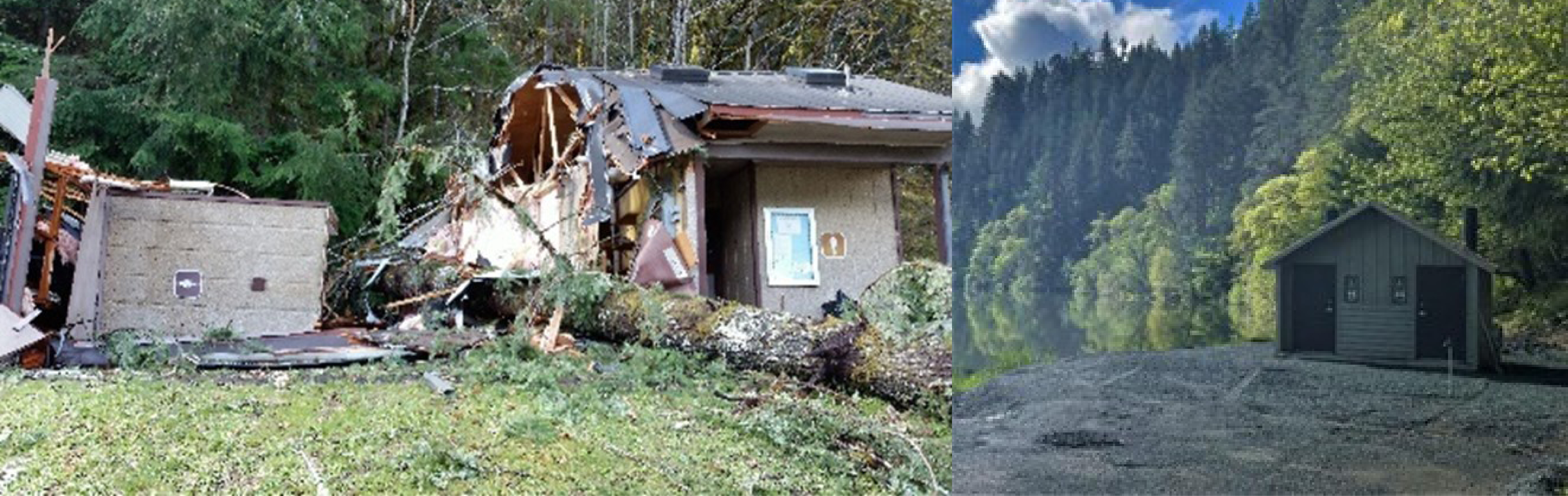 Storm damaged facility scattered with debris and green restroom standing in park.