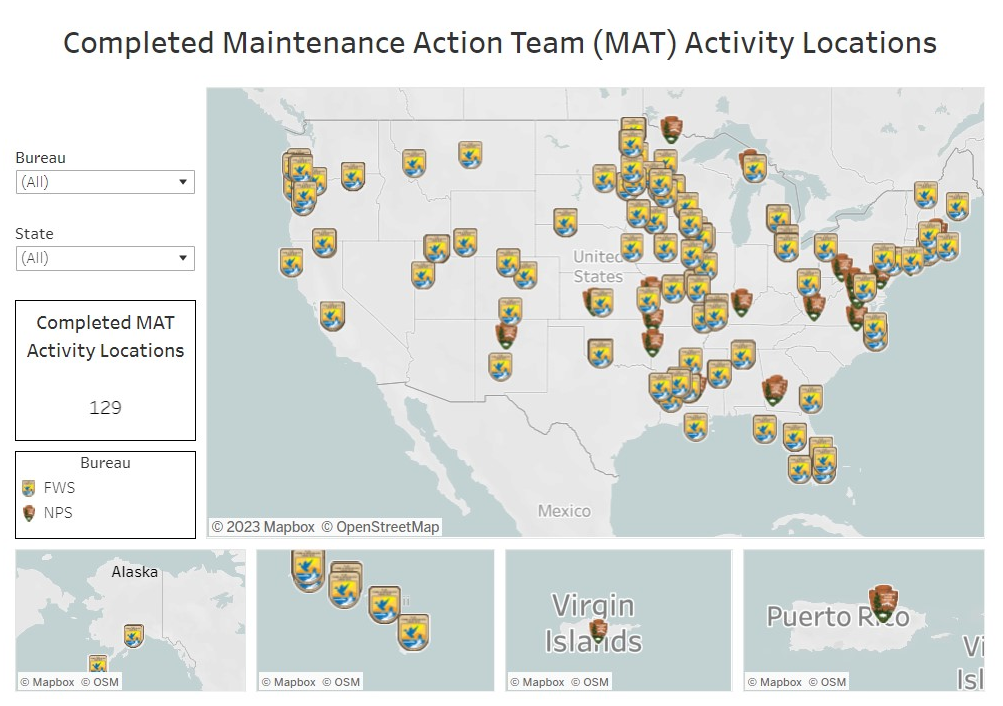Map with pinpoints showing location of Maintenance Action Team activities.