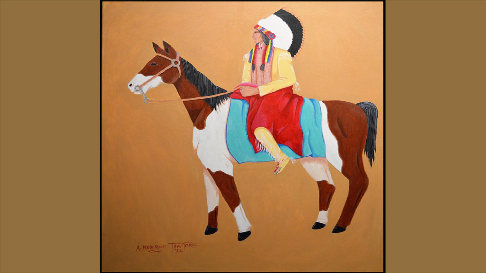 Painting of a man in regalia atop a brown and white horse against a terracotta colored background.