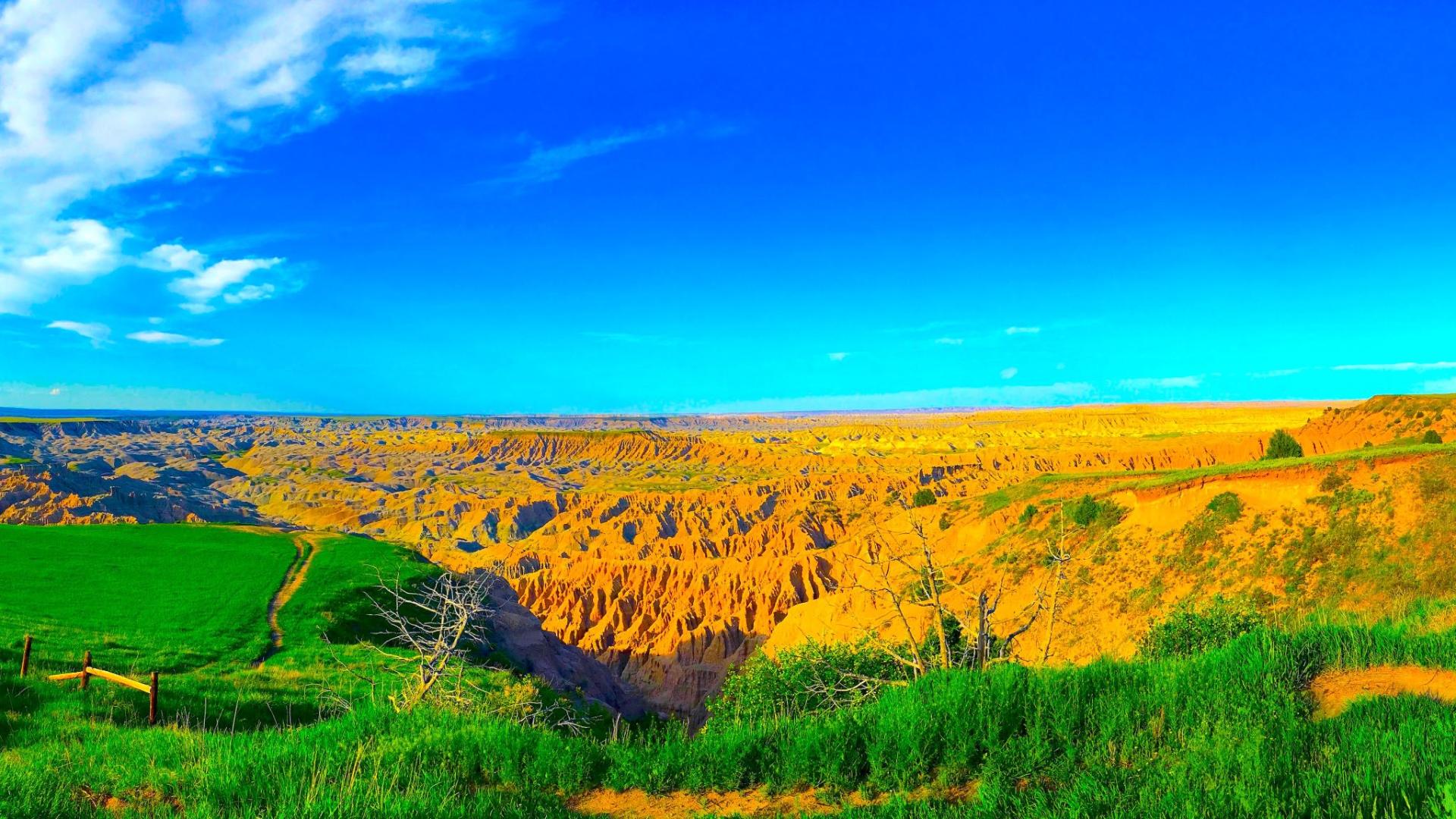 Image of a green and gold landscape against a bright blue sky.