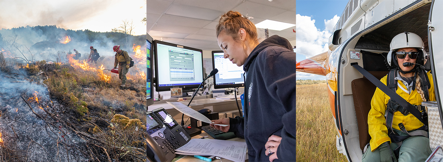 Firefighters carry drip torches, a dispatcher works in front of her dispatching screens, and a female firefighter exits a helicopter. Interior images.