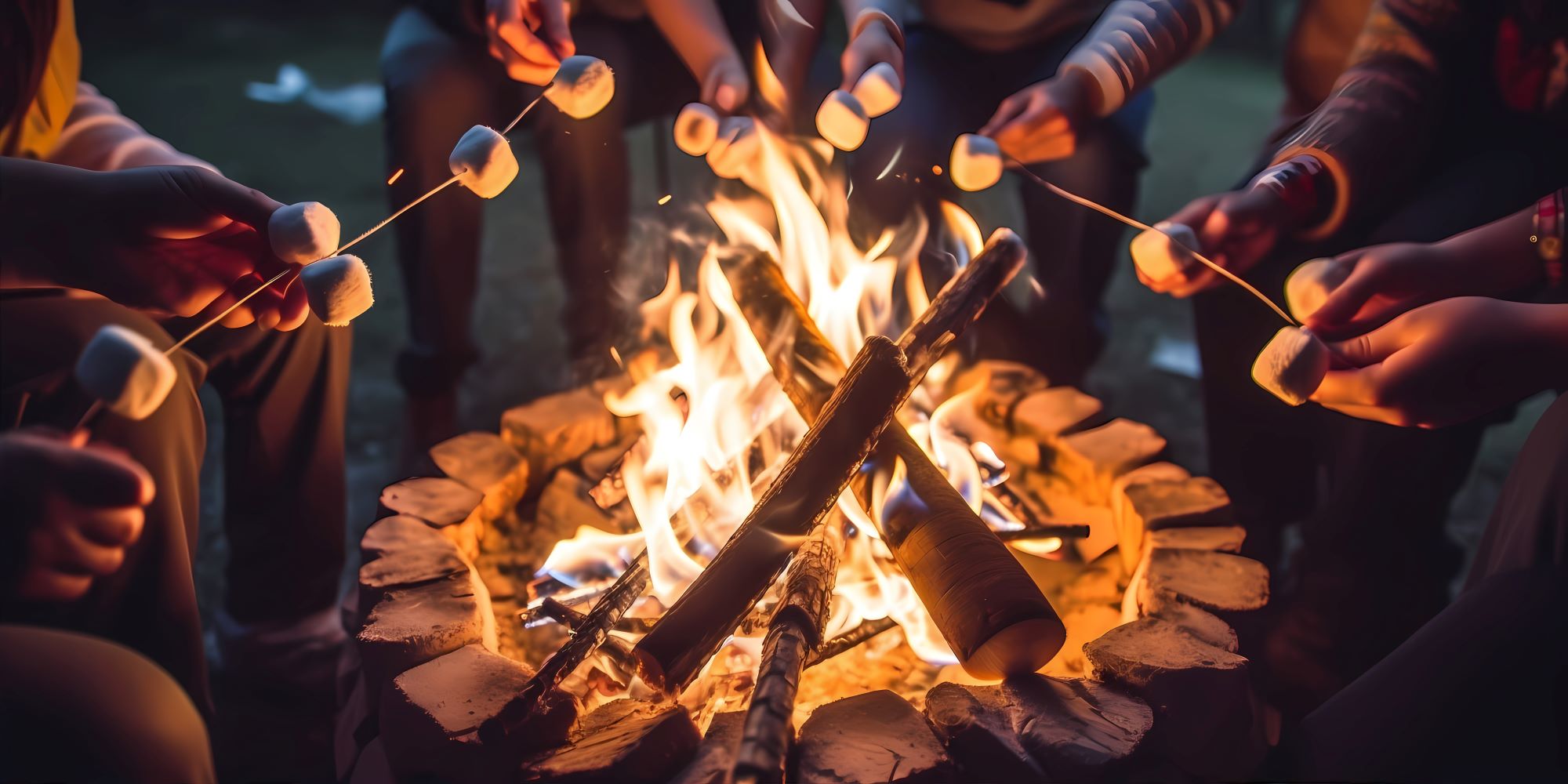 A group of people roast marshmallows around a campfire. Their hands hold sticks with marshmallows over a fire burning in a rock pit. Adobe Stock image. 