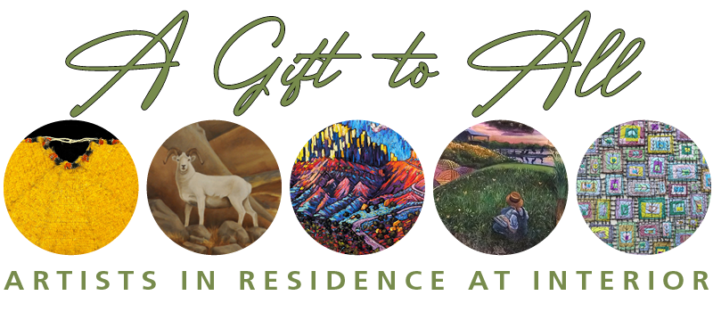 Exhibition icon for "A Gift to All: Artists in Residence at Interior" with text and five circles with details from works of art by Rick San Nicolas, Sue Steinacher, Lonny Granston, Nancy Lehenbauer Marshall, and Susan Lenz