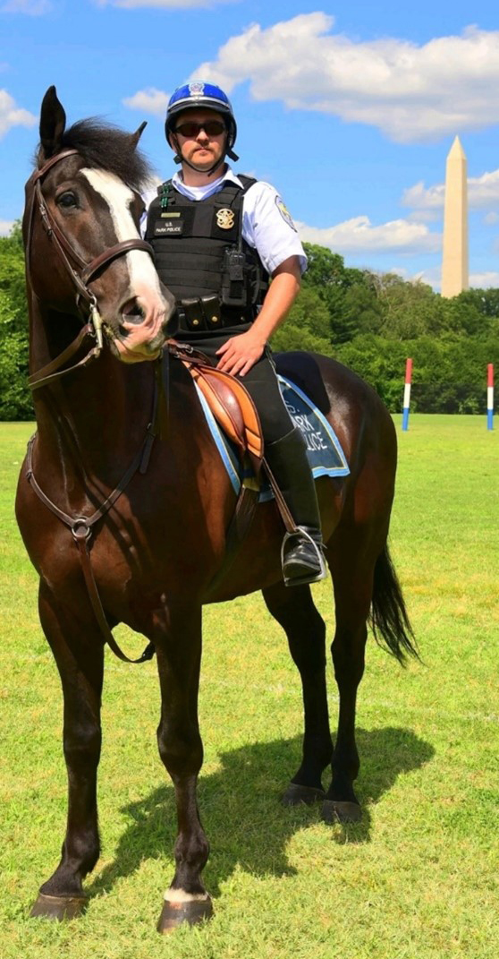 Officer sitting on horse with Washington Monument in the background.