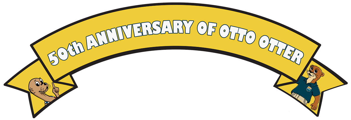 Yellow ribbon flanked by Otto Otter from 1975 and 2025 