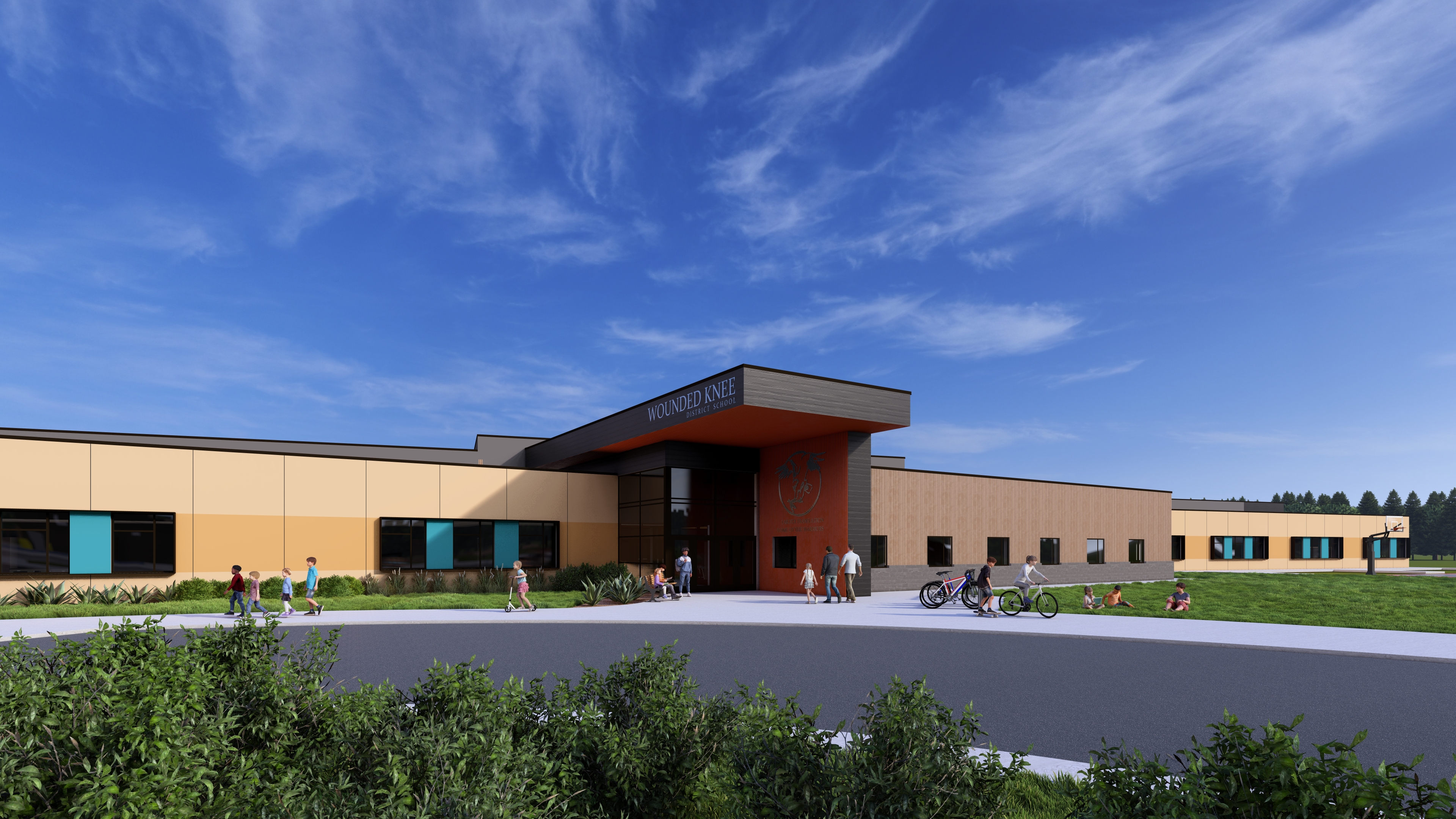 3D design rendering of main entrance to school building.