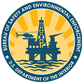 Offshore oil platform with helicopter and boat, Bureau of Safety and Environmental Enforcement seal
