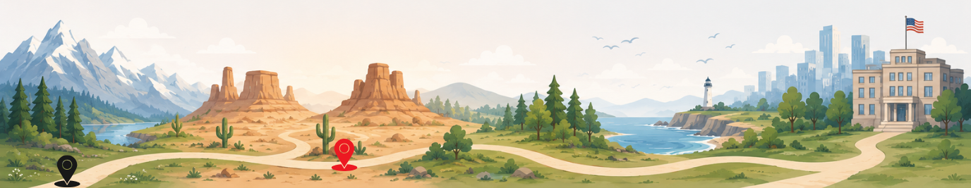 Illustrated onboarding journey through mountains, desert, forests, and coastal landscapes toward a government building, with a black pin marking the completed first phase and a red pin marking the current second phase.
