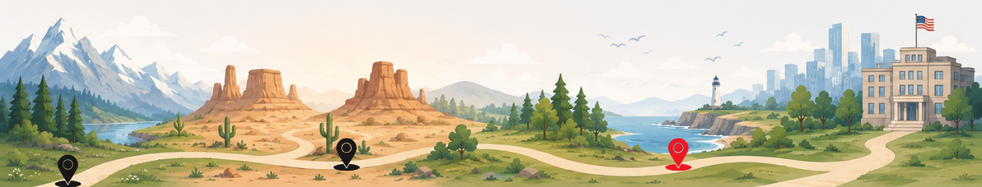 Illustrated onboarding journey through mountains, desert, forests, and coastal landscapes toward a government building, with black pins marking the completed first two phases and a red pin marking the current third phase.