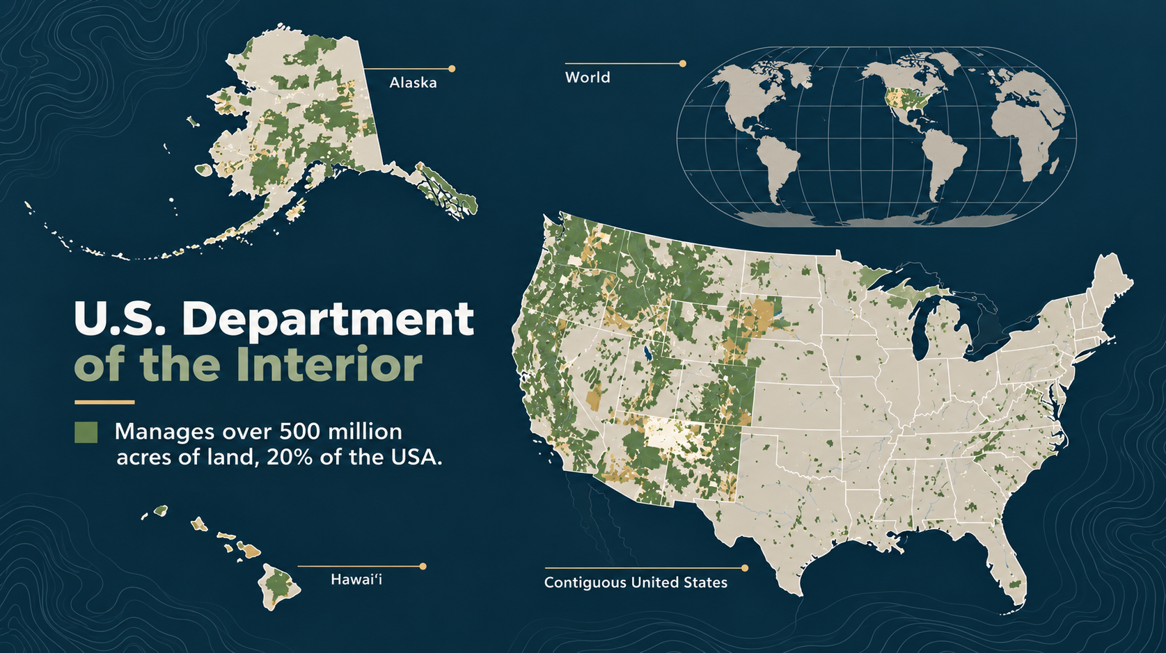 Map showing U.S. Department of the Interior-managed lands across the United States, including Alaska and Hawai‘i. The graphic highlights that the Department manages over 500 million acres of land, representing about 20% of the United States.