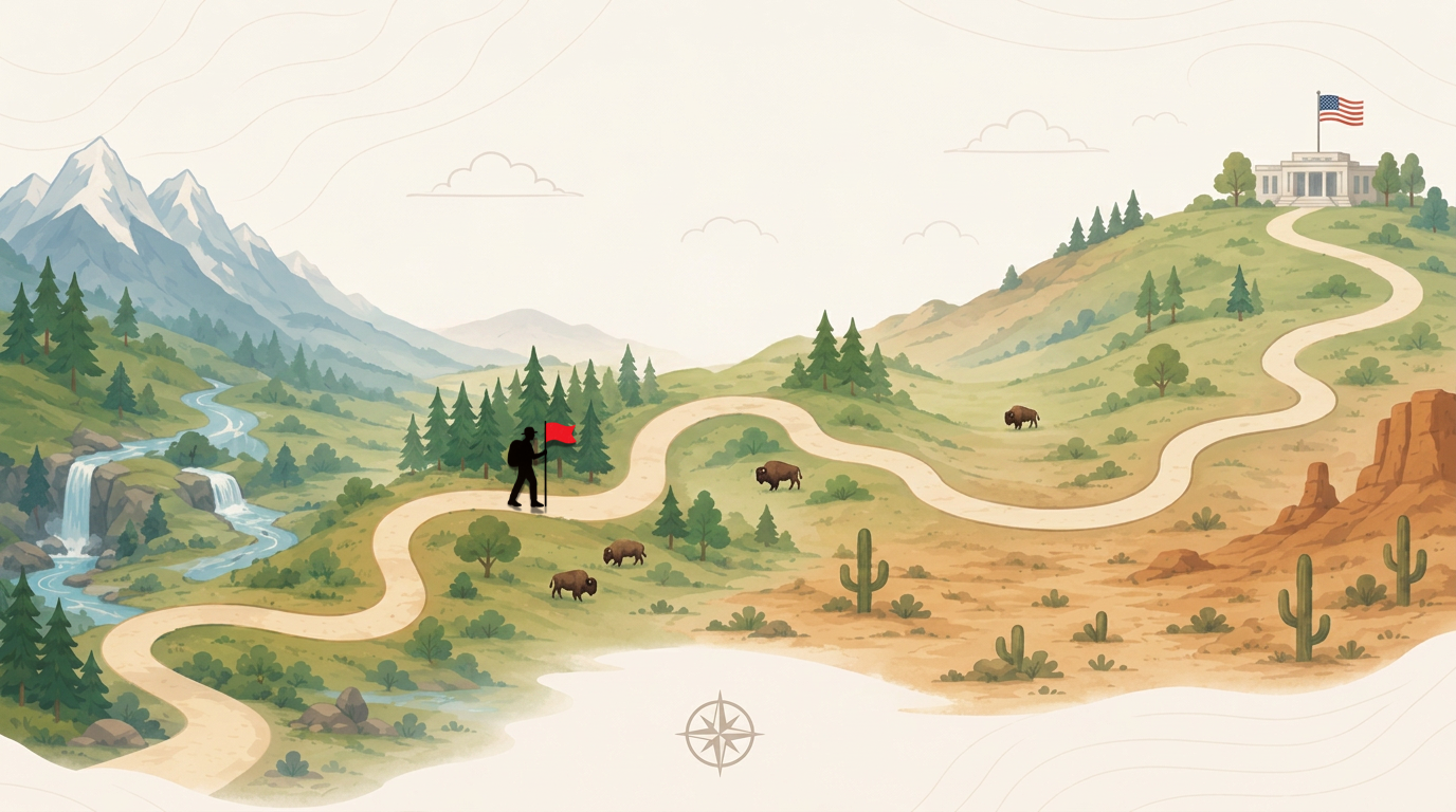Illustrated onboarding journey with a hiker carrying a red flag partway along a winding path through mountains, forests, and desert landscapes toward a government building in the distance.