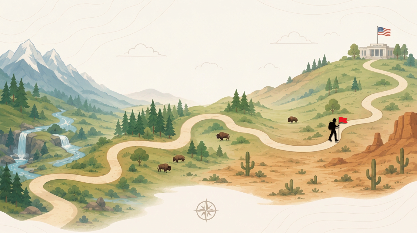 Illustrated onboarding journey with a hiker carrying a red flag farther along a winding path through forests and desert landscapes, approaching a government building in the distance.