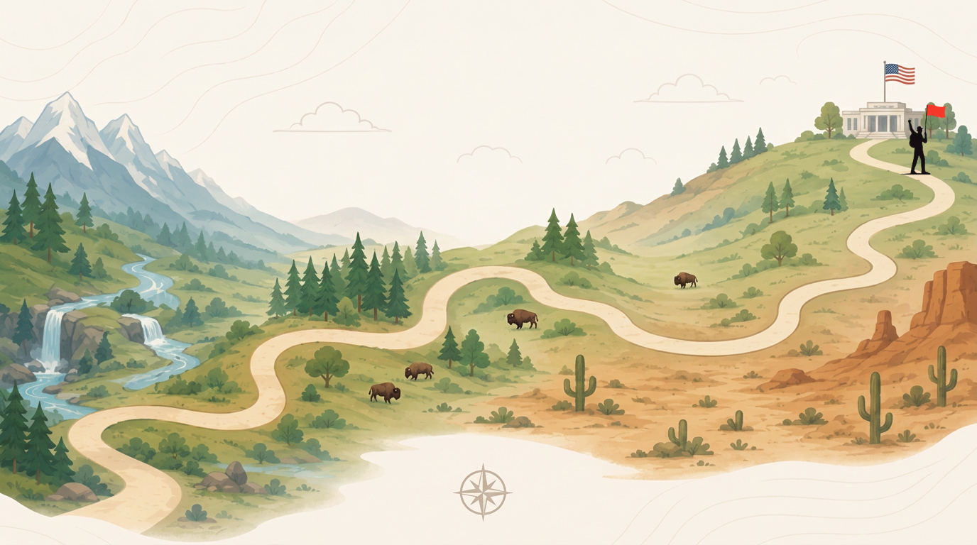 Illustrated onboarding journey with a hiker carrying a red flag and raising one arm in triumph near the end of a winding path, approaching a government building at the top of a hill.
