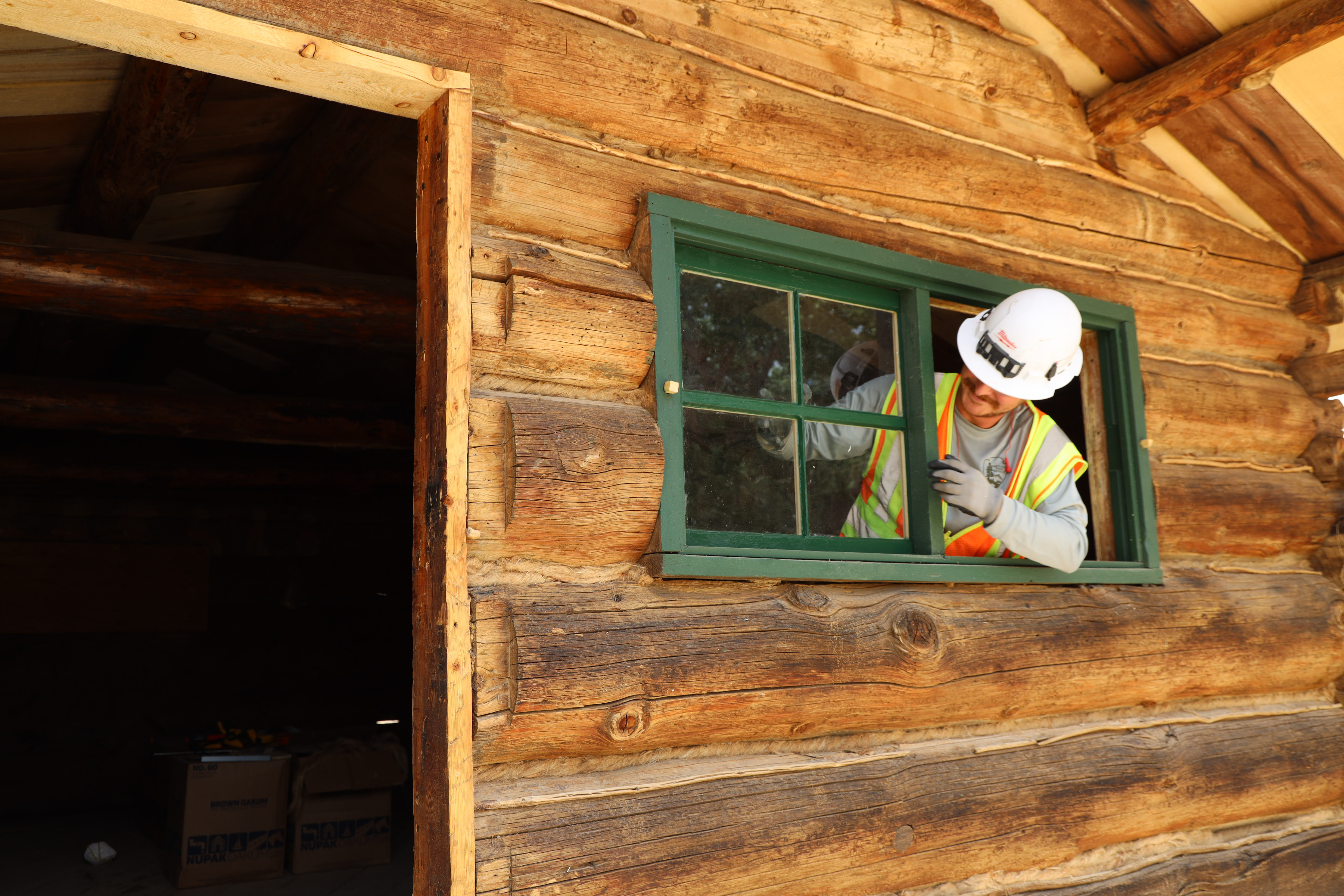 Man installs green window in a log cabin. 