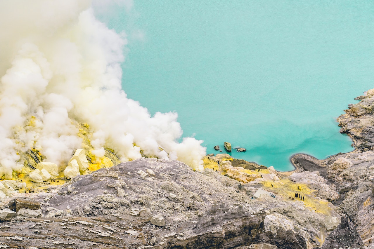 Photo of Kawah Ijen Volcano with Sulfur Mining in Indonesia