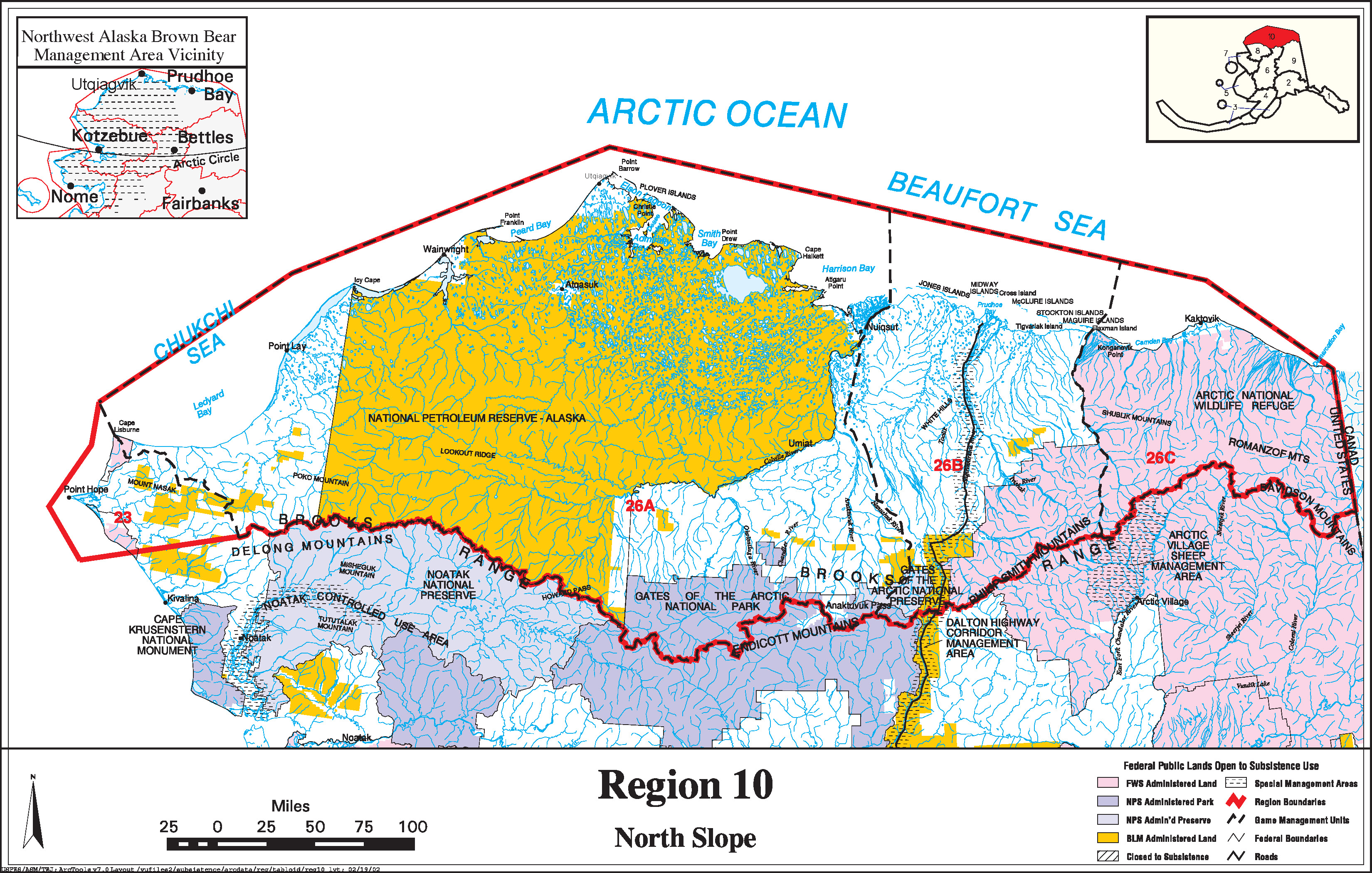 Map showing the boundaries of the North Slope Federal Subsistence Resource Region, including communities listed previously on this page. Federally managed lands are shown, by agency. For assistance call (800) 478-1456.