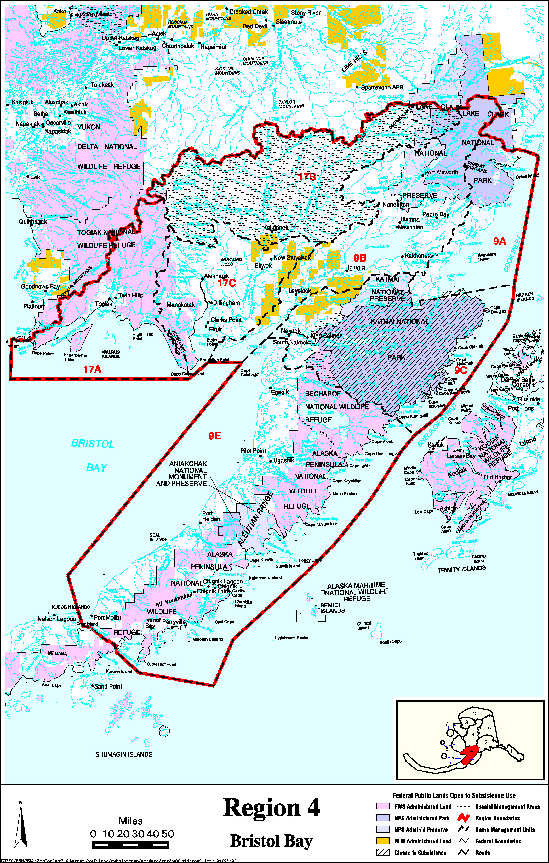 Map showing the boundaries of the Bristol Bay Federal Subsistence Resource Region, including communities listed previously on this page. Federally managed lands are shown, by agency. For assistance call (800) 478-1456.