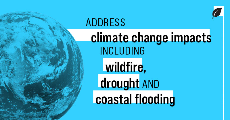 Graphic with image of the globe that reads: Address climate change impacts including wildfire, drought and coastal flooding