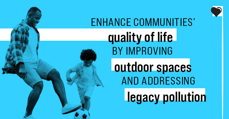 Graphic with a parent playing soccer with their child that reads: Enhance communities’ quality of life by improving outdoor spaces and addressing legacy pollution