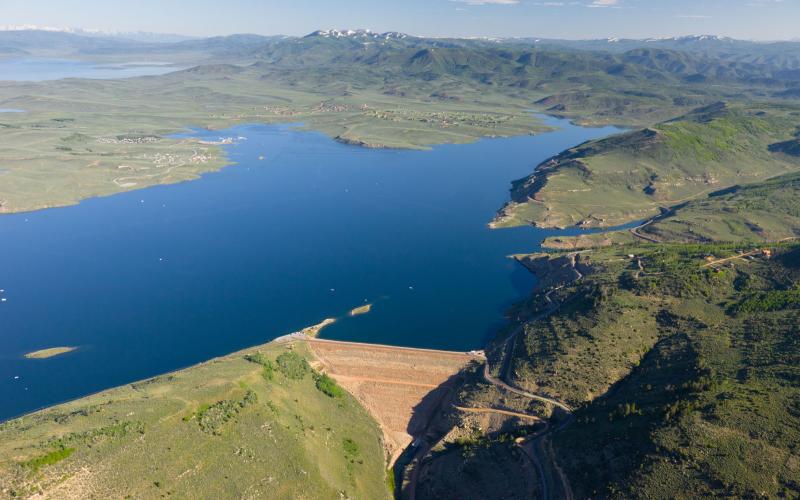 Aerial view of Soldier Creek Dam and Strawberry Reservoir.