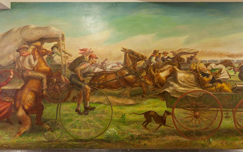 Painted mural of a crowd of people in a land rush employing varying modes of transportation