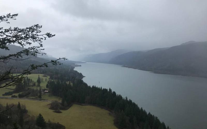 Overcast day, a wide, dark river in a tree-lined gorge