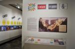 Title wall and introductory panel and vitrine for the "DOI Pop!" exhibition