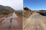 Left image depicting muddy, flooding road with mountains in the background; Right image depicting repaired dirt road with mountains in the background