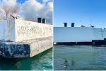 Left image displaying decaying white concrete structure floating in water; Right image depicting freshly painted white concrete structure floating in water
