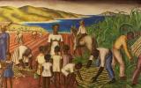 Painted mural depicting people engaged in teaching, medical services, and harvesting of sugar cane.