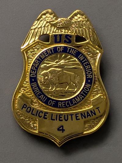 Gold plated law enforcement badge with bison seal surmounted by an eagle with outstretched wings