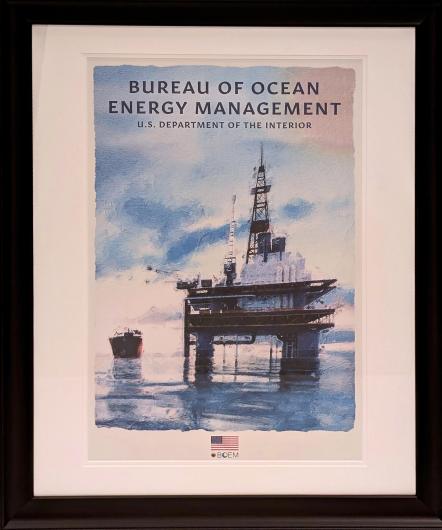 Bureau of Ocean Energy Management print depicting an offshore rig