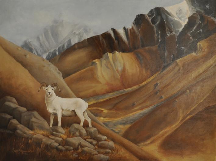 "Sentinel of the Upper Atigun" oil on linen painting by Sue Steinacher, 2022