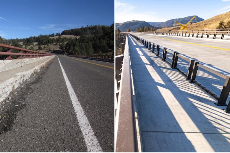 Left image depicting a deteriorating roadway on a bridge; Right image depicting a freshly paved roadway on a bridge