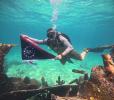 Diver underwater holding commemorative 250 flag. 