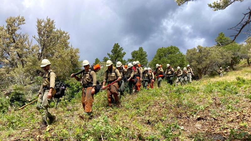 Firefighters hike in a line down a hill. They are wearing protective fire gear and carry tools. 