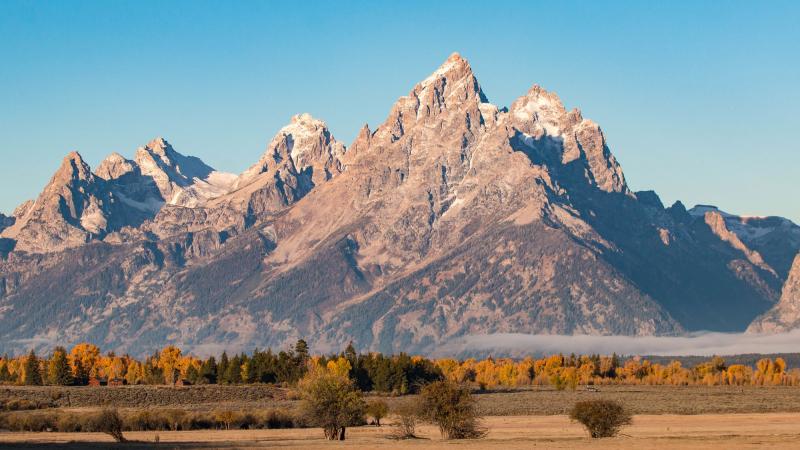 Sunny autumn view of mountain range with fog at the base. 