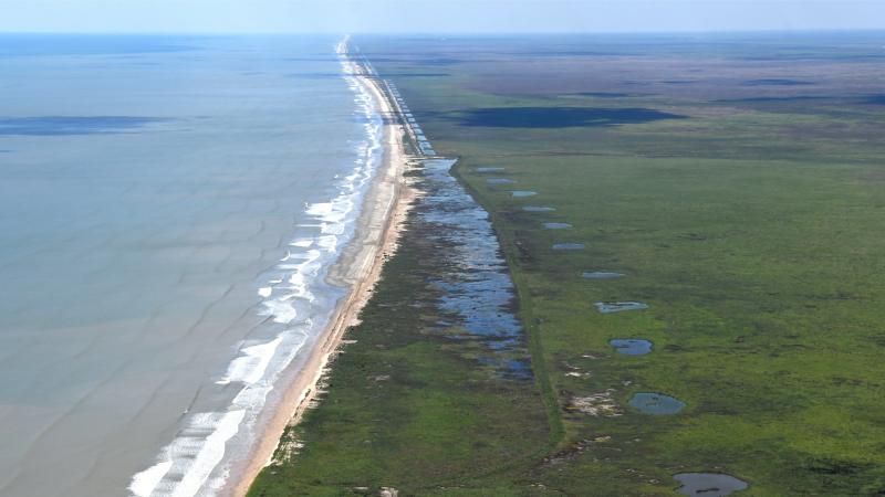 Aerial view of restored beach and dunes