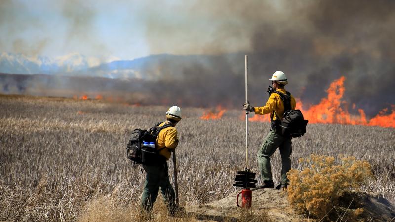  Two wildland firefighters stand on a small rise overlooking flames burning in tall, dried vegetation. Black-gray smoke rises from the flames. The fire and smoke fade to the left, making snow-covered peaks are visible in the distance.