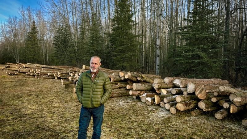 A man in a ribbed jacket poses with his hands in his pockets in front of cut trees stacked behind him on the edge of a grass strip with a faint dusting of snow. Immediate beyond the timber is the edge of a forest of mixed evergreens and poplars.