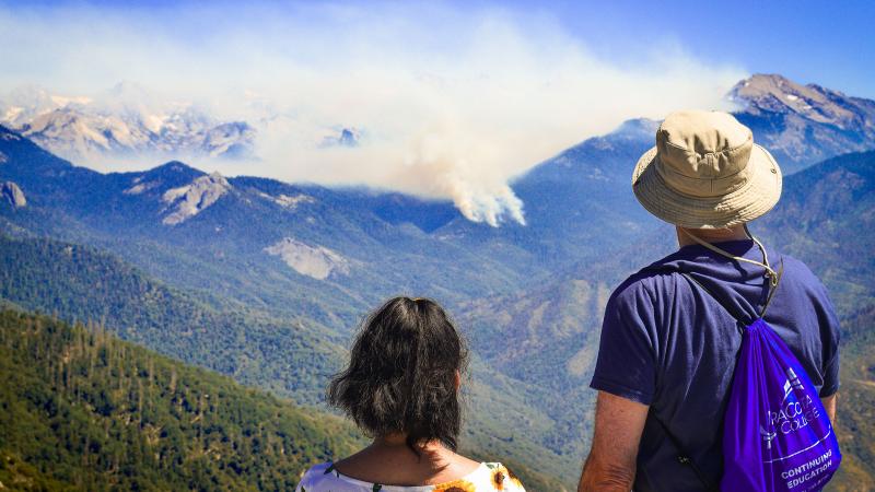 A man and a woman wearing light summertime clothes, the man with a light bag and sunhat, stand side by side with their backs to the camera. The corner of an interpretive display is just visible beside the woman. They look out at scenic forested hills and jagged rock edifices that rise to snow-capped peaks. On a distant hillside framed between them, three narrow plumes of smoke rise above the ridgeline and merge, blanketing much of the distant peaks.