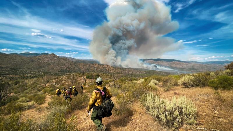 Six wildland firefighters high through a landscape of brown grasses and scattered dry shrubs toward a plume of smoke rising behind a low hill toward the blue sky and scattered white clouds.