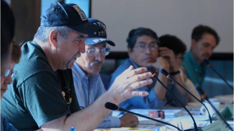 Closeup of several people sitting at a table in a meeting; the person closest to the camera is speaking into a microphone