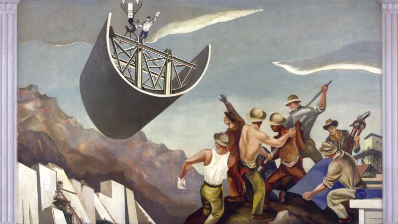 Painted mural in 3 sections depicting workers building a hydroelectric dam