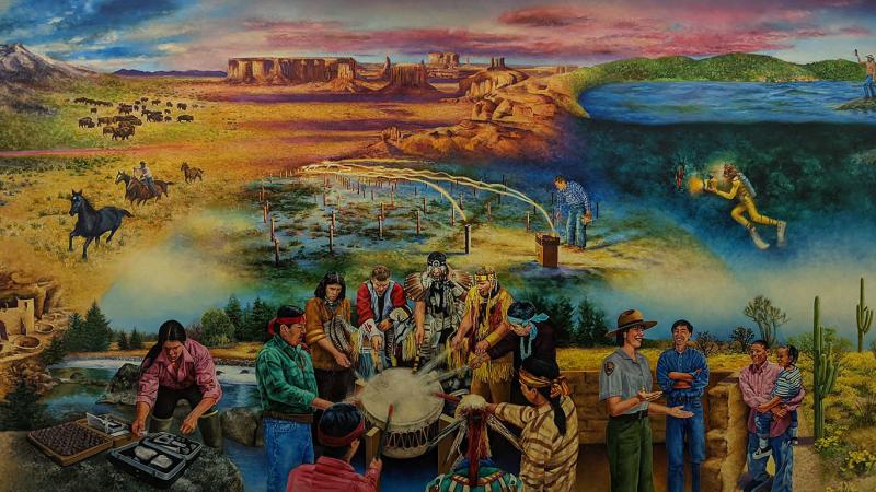 Mural painting showing the variety of sites and workers in the Department of the Interior - scientists, archaeologists, scuba diver, biologists, park rangers