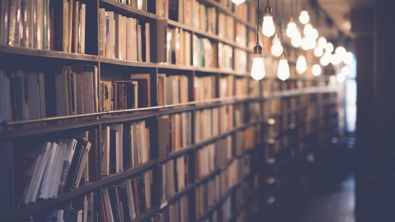 Library book shelves with lights hanging form the ceiling