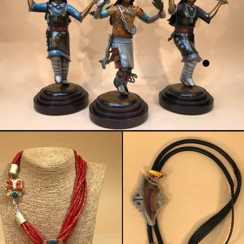 "Pueblo Corn Dancers" by Joe Cajero, Jr. / Coral Necklace, Gold Pendant, Gold Ring and Inlaid Silver Bolo Tie by Althea Cajero. © The Artists 